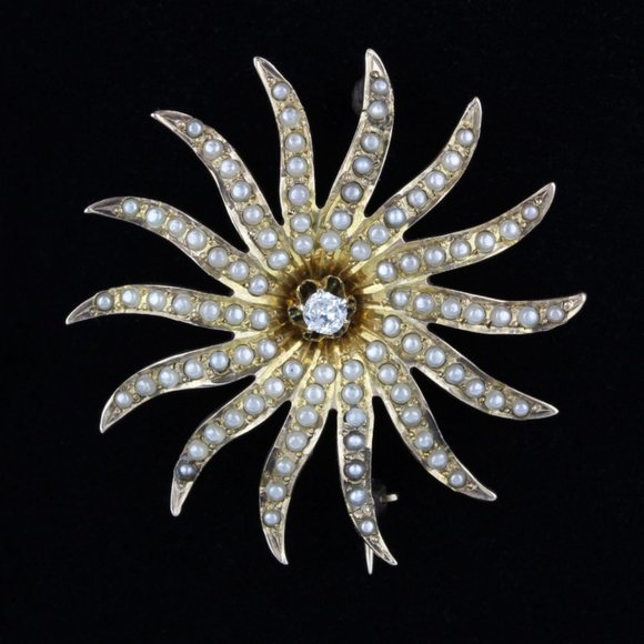 Antique 10k Yellow Gold Flower Pin w/ Diamond & Seed Pearls